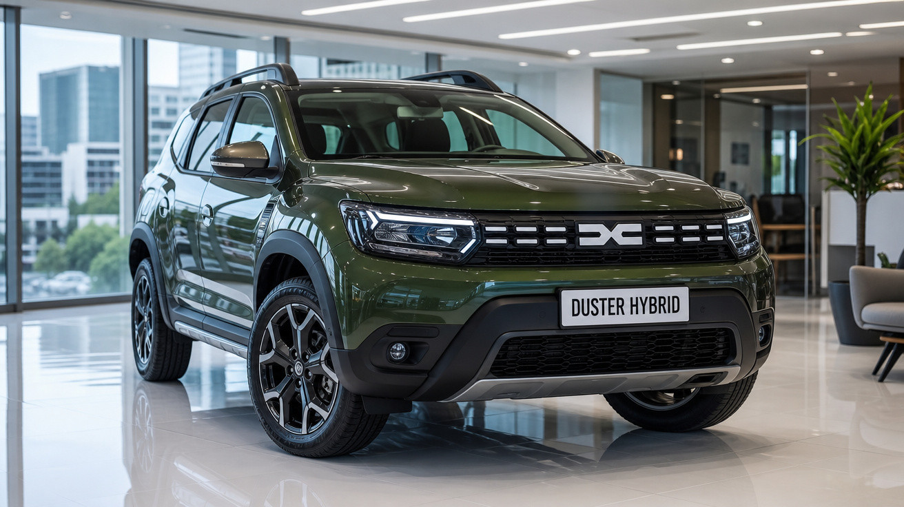 Carro SUV Duster Hybrid verde em exposição numa sala ampla e moderna com janelas grandes.