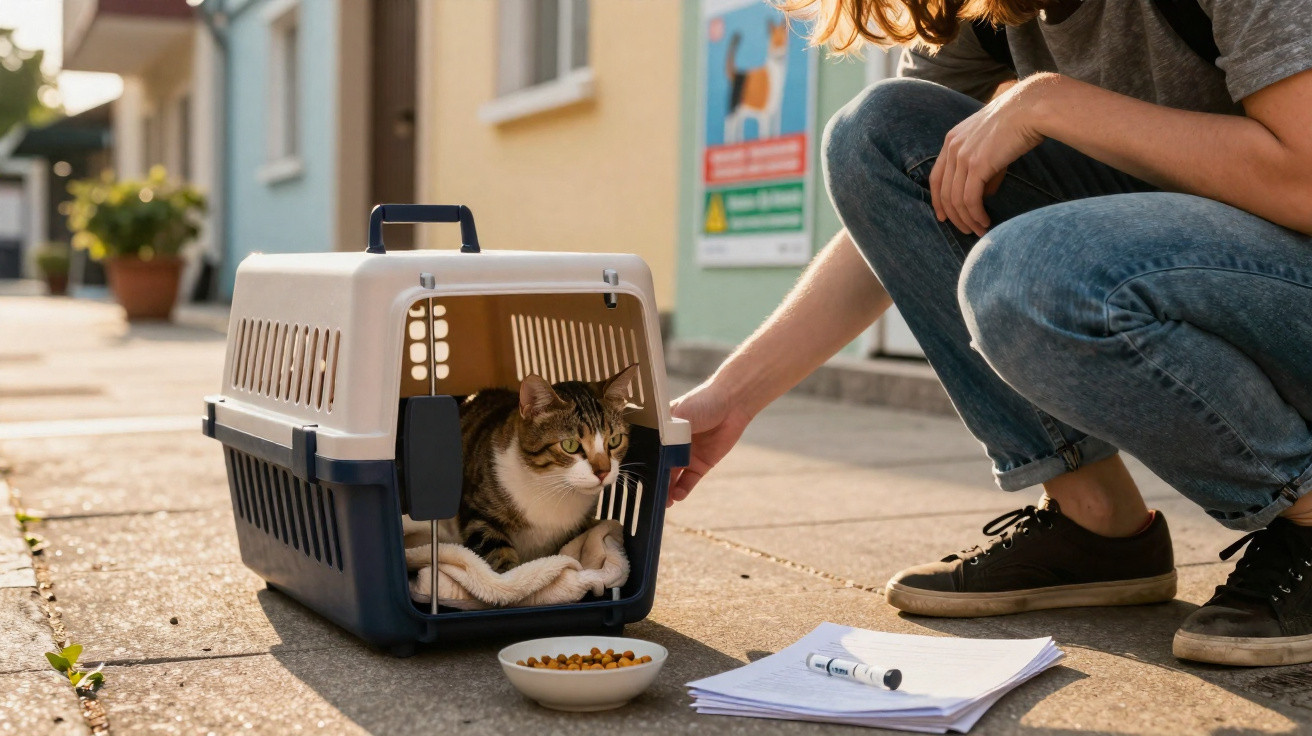 Gato dentro de transportadora na rua com tigela de comida, perto de pessoa agachada escrevendo em papel.