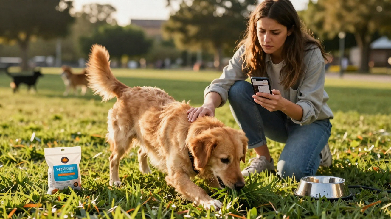 Mulher num parque a usar telemóvel enquanto acaricia cão dourado que fareja a relva perto de comida e comedouro.