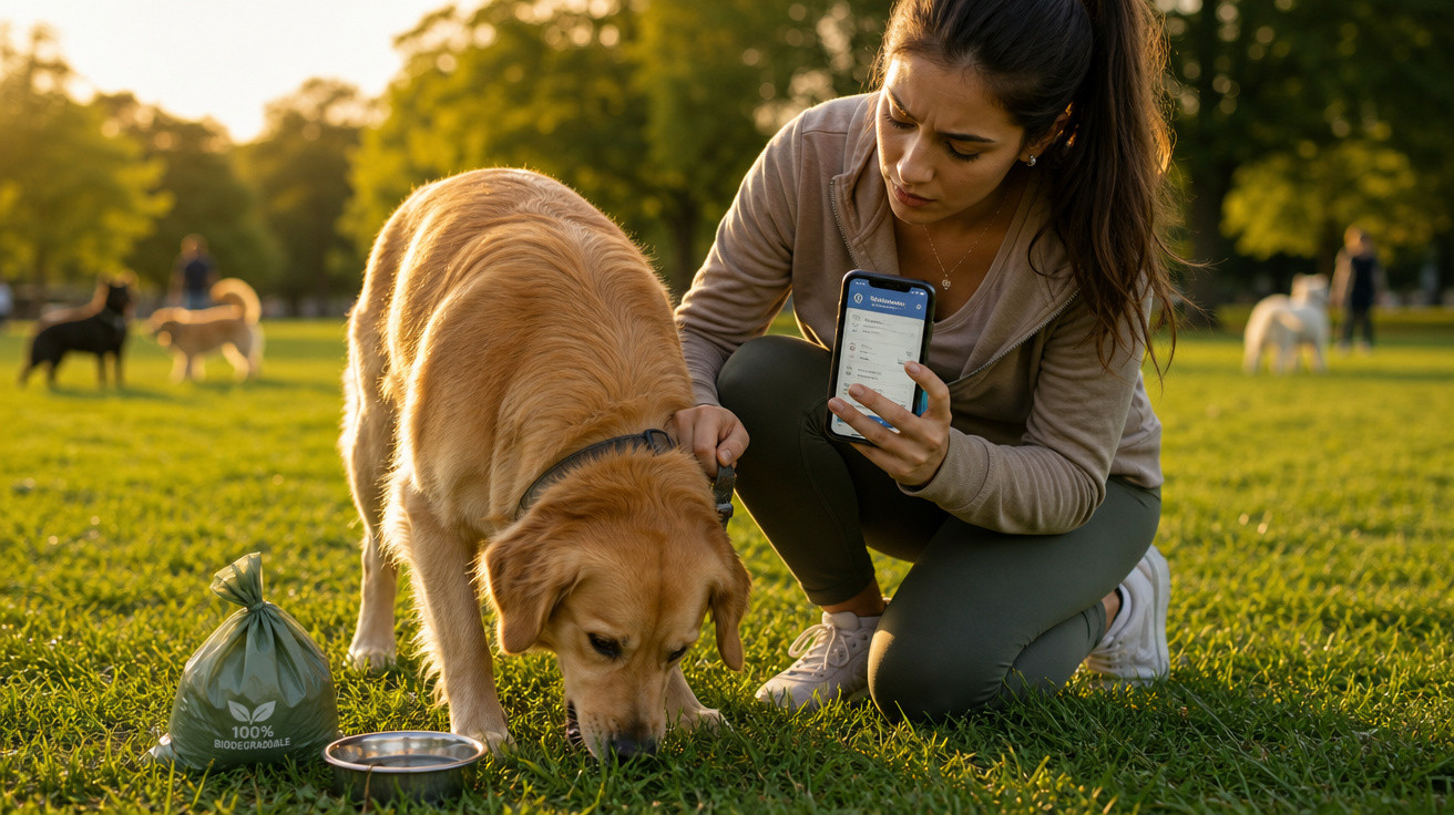 Mulher com telemóvel na mão observa cão laranja a cheirar a relva num parque ao pôr do sol.