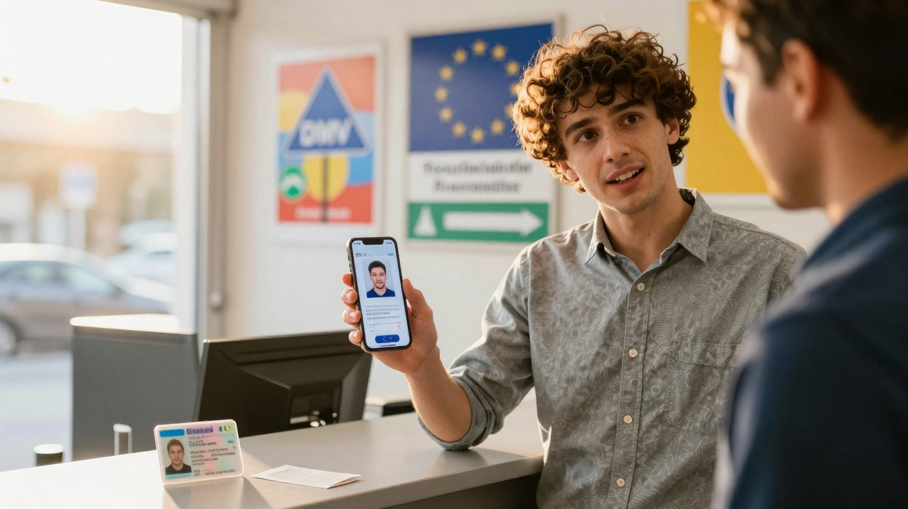 Homem a mostrar documento digital no telemóvel durante conversa num balcão de atendimento.