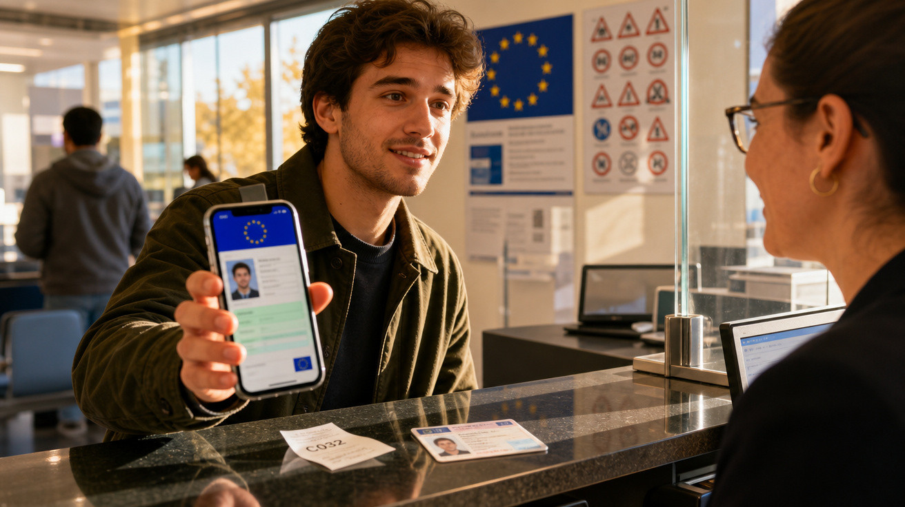Jovem mostra documento de identidade digital num balcão de atendimento público com funcionária.