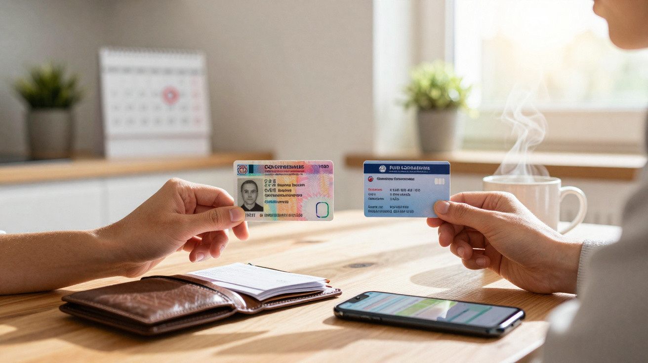Duas pessoas sentadas à mesa trocando documentos de identificação, com carteira e telemóvel na mesa.