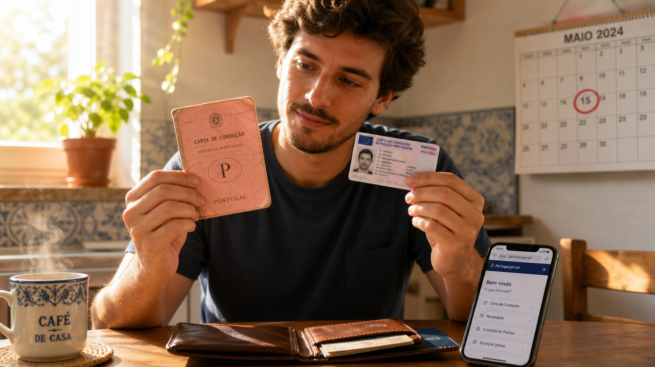 Homem sentado mostra carta de condução antiga e nova, com calendário de maio 2024 ao fundo.