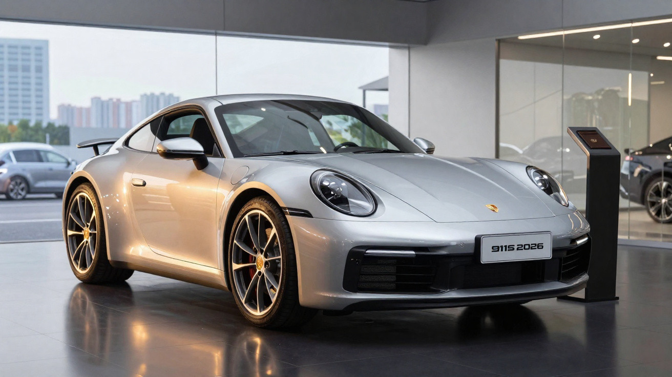 Porsche 911 prata estacionado numa garagem moderna com janelas grandes e chão refletor.