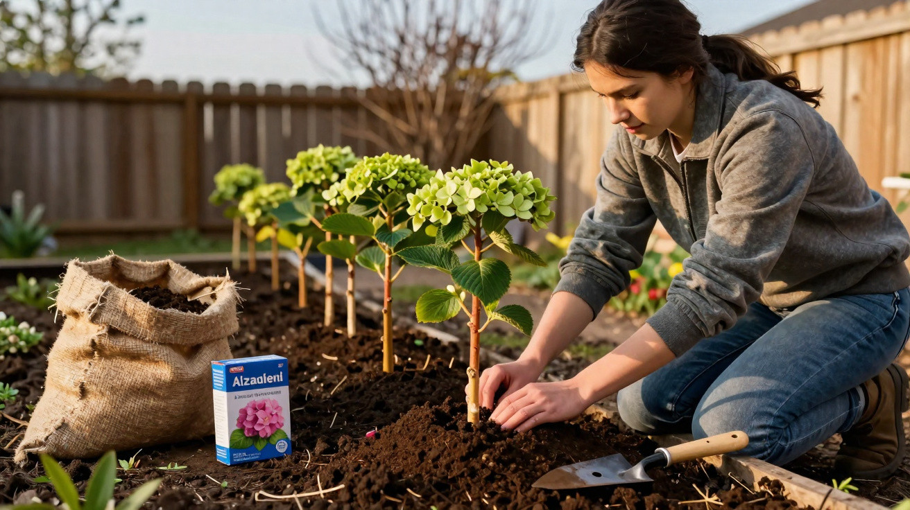 Jovem a cuidar de plantas de hortênsia num jardim, com terra, saco e produto de jardinagem ao lado.