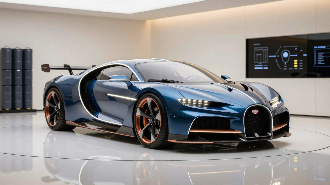 Carro desportivo Bugatti Chiron azul com detalhes em cobre em exibição num espaço moderno.