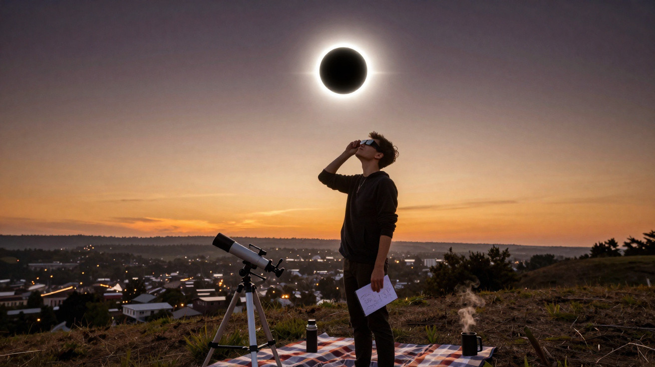 Pessoa a observar eclipse solar com óculos especiais, perto de telescópio num campo ao entardecer.