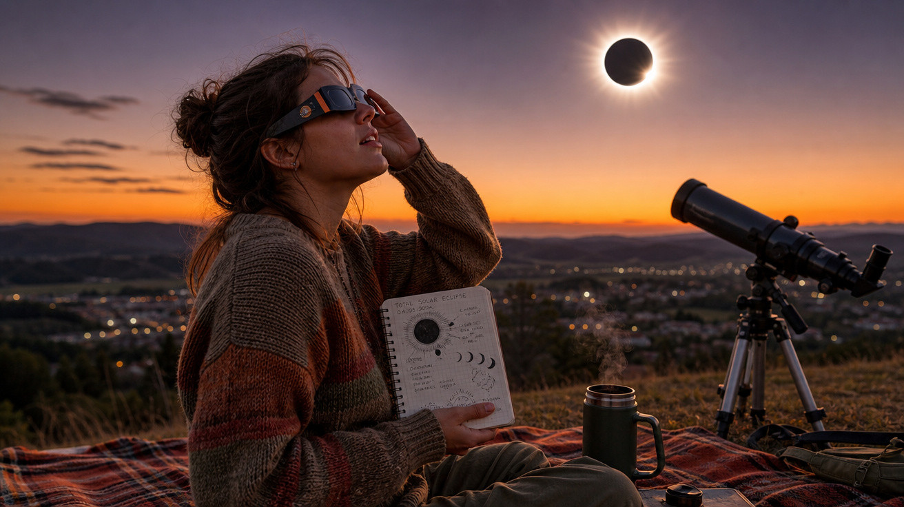 Mulher com óculos de proteção observa eclipse solar ao pôr do sol, com caderno, termoss, mantas e telescópio.