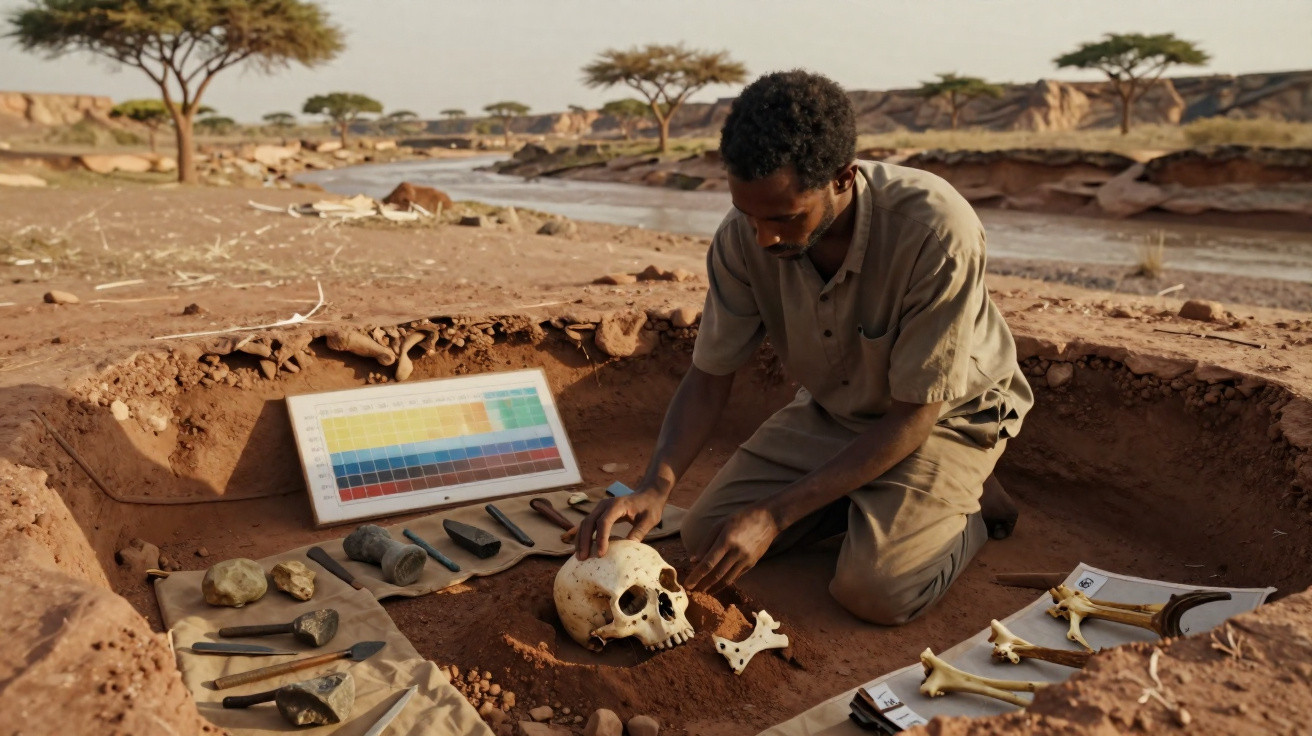 Arqueólogo examina crânio humano e ossos durante escavação em sítio arqueológico desértico.