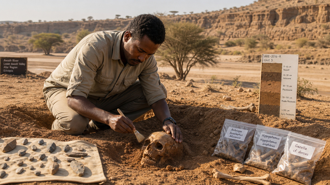 Arqueólogo escava e limpa crânio humano em sítio arqueológico desértico em África, com fósseis expostos ao lado.