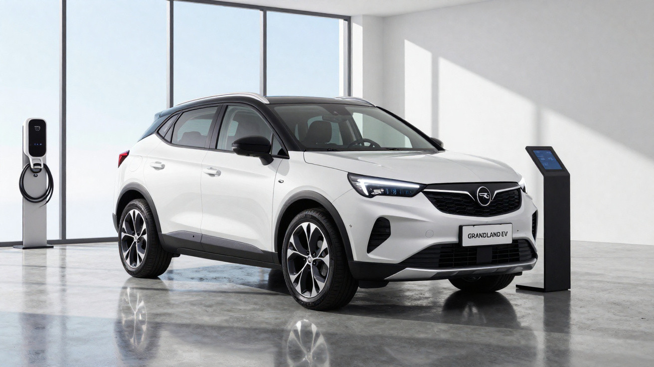 Automóvel elétrico Opel Grandland EV branco estacionado em espaço moderno com carregador elétrico.