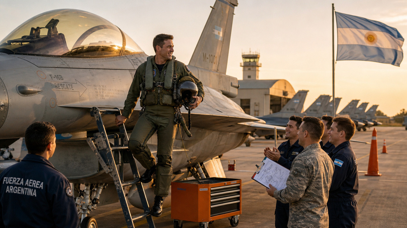 Piloto militar argentino desce de caça F-16 ao pôr do sol e cumprimenta equipa no aeroporto militar.