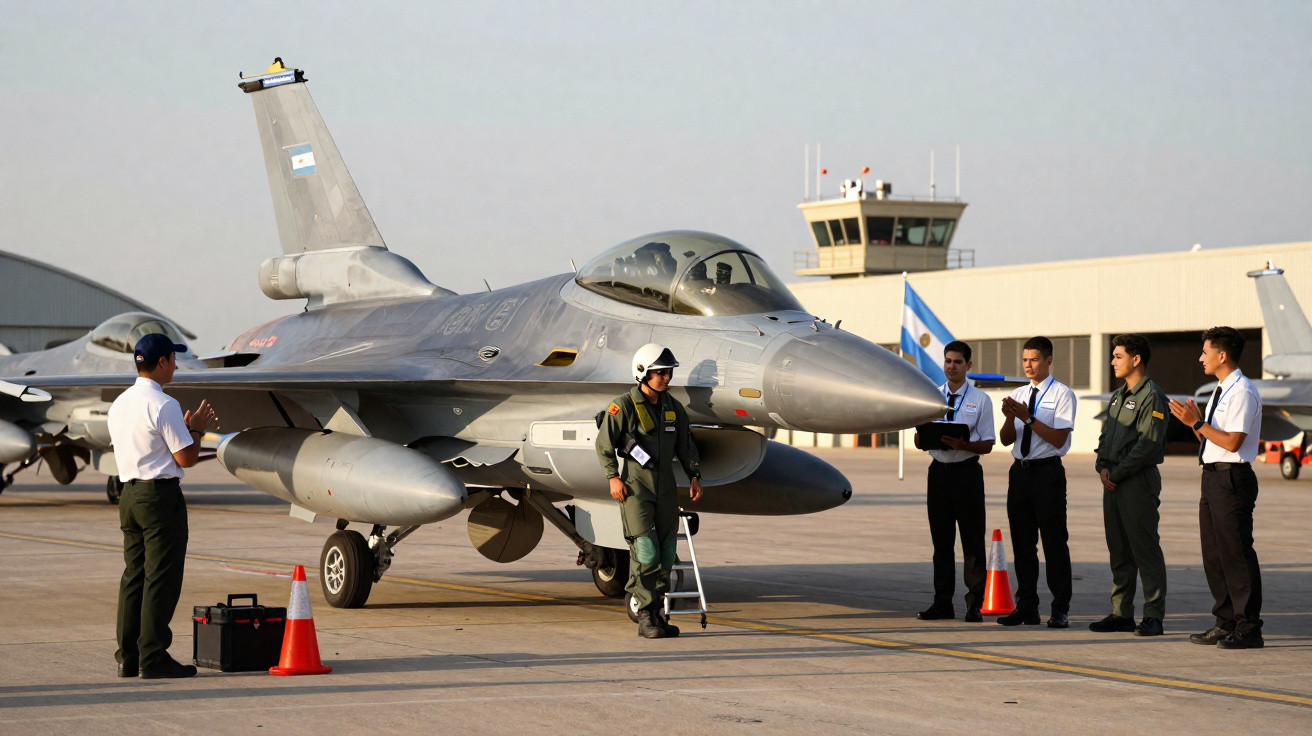 Caça F-16 argentino estacionado em pista com piloto a sair e equipe parabenizando.