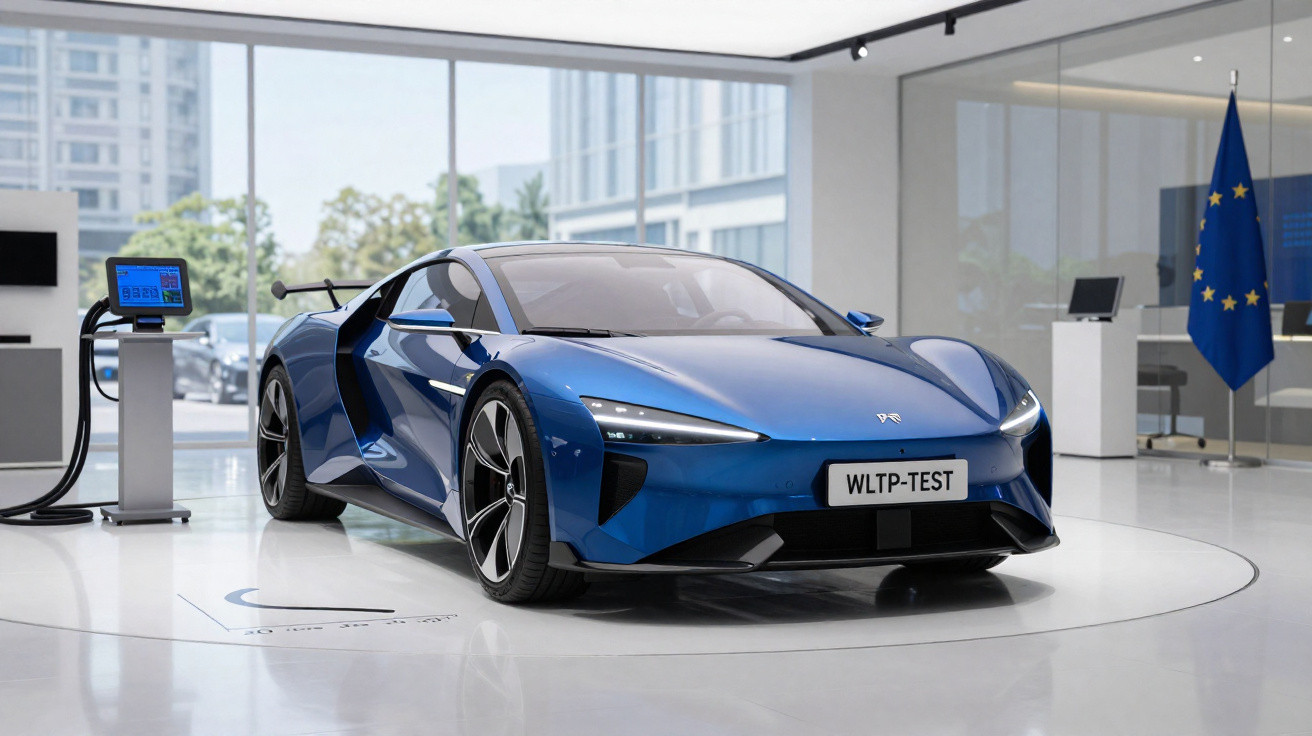 Carro desportivo elétrico azul a carregar numa estação dentro de um showroom moderno e iluminado.
