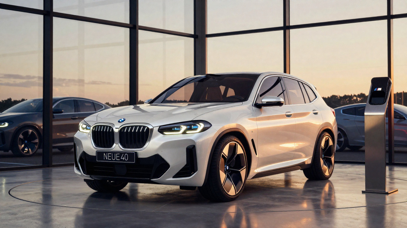 Carro elétrico BMW branco estacionado numa sala moderna com grandes janelas panorâmicas ao pôr do sol.