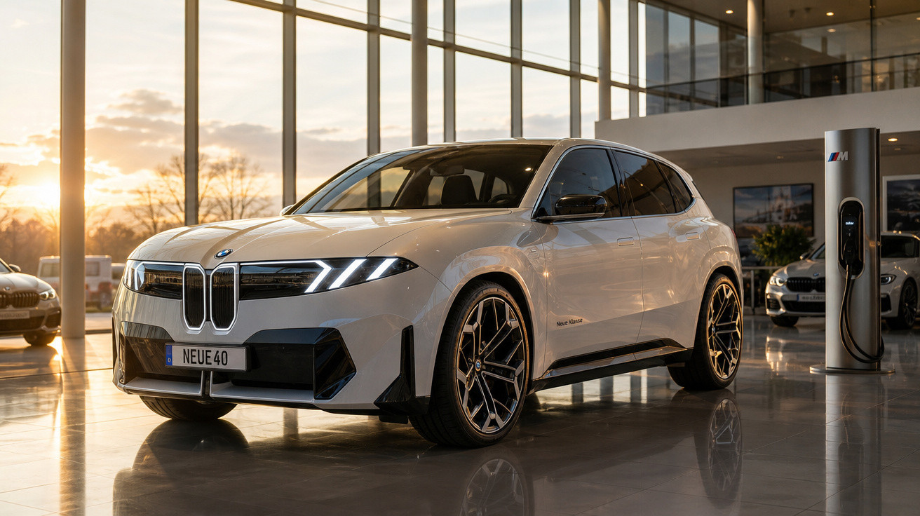 Carro elétrico BMW branco estacionado dentro de concessionária com luz solar ao fundo.