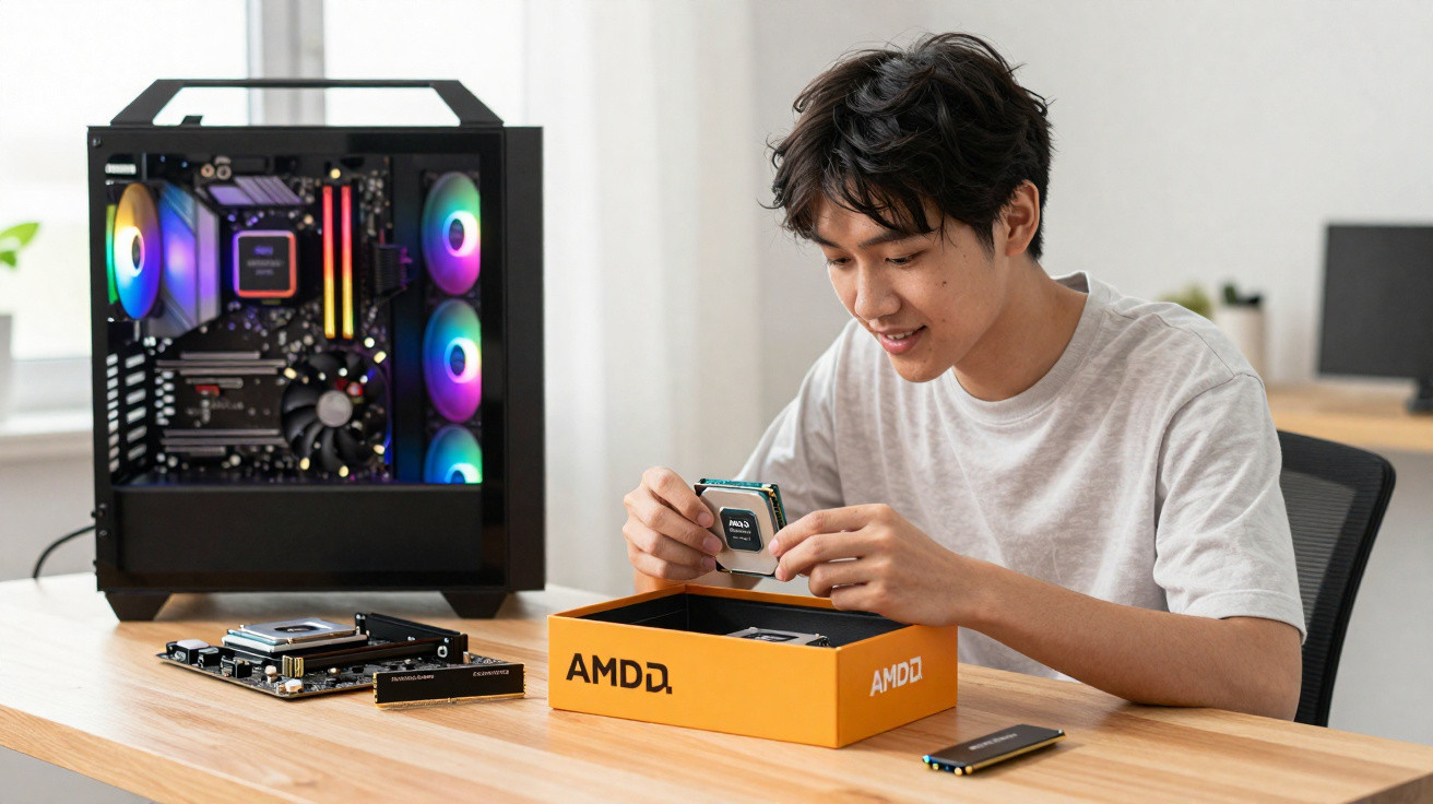 Jovem monta computador com processador AMD numa mesa com componentes eletrónicos.