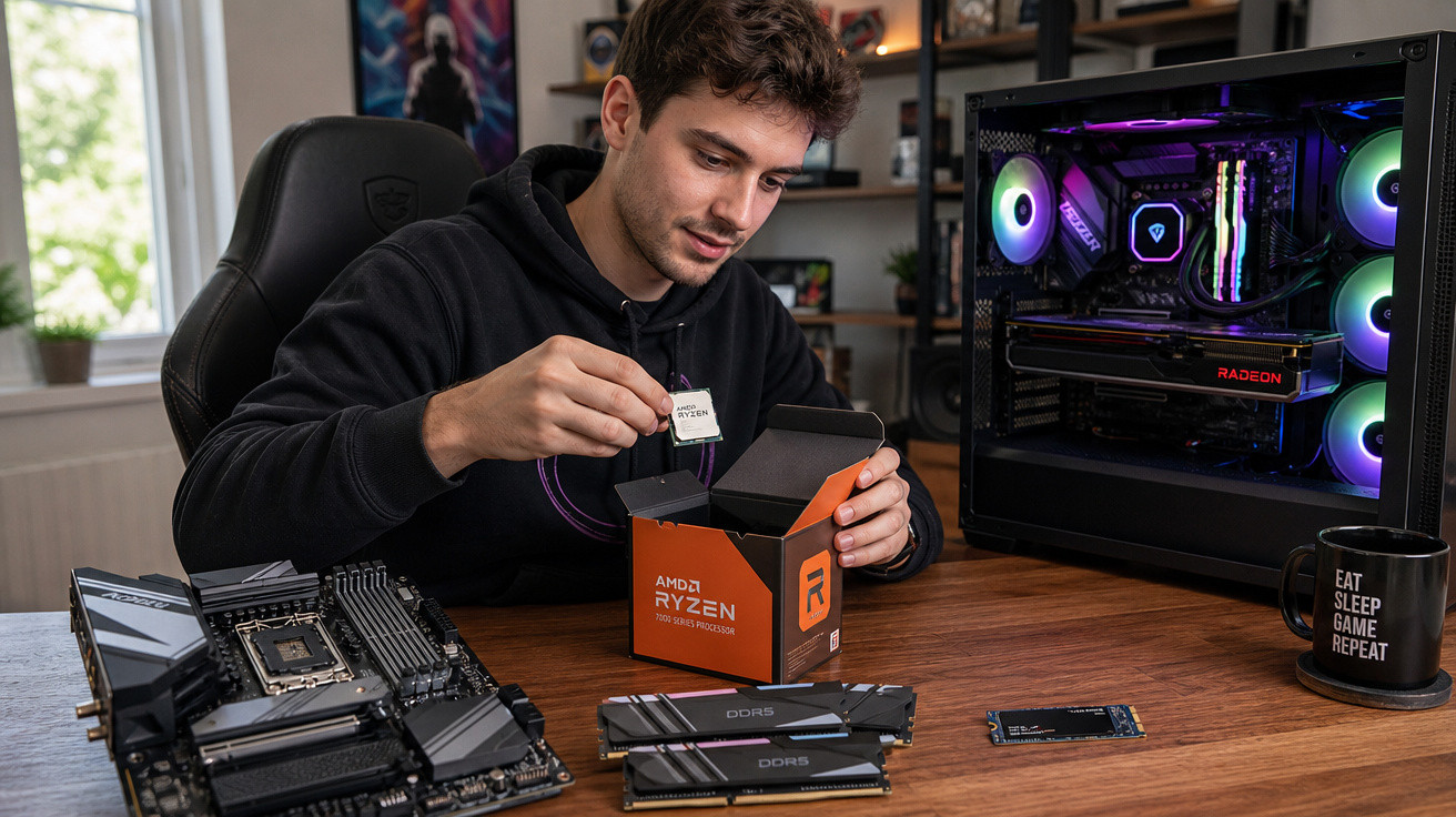 Homem a instalar processador AMD Ryzen numa motherboard, com componentes de computador e PC gamer iluminado.