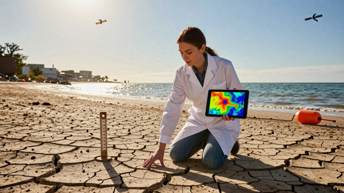 Mulher cientista de bata branca analisa terreno seco e rachado numa praia com tablet colorido.
