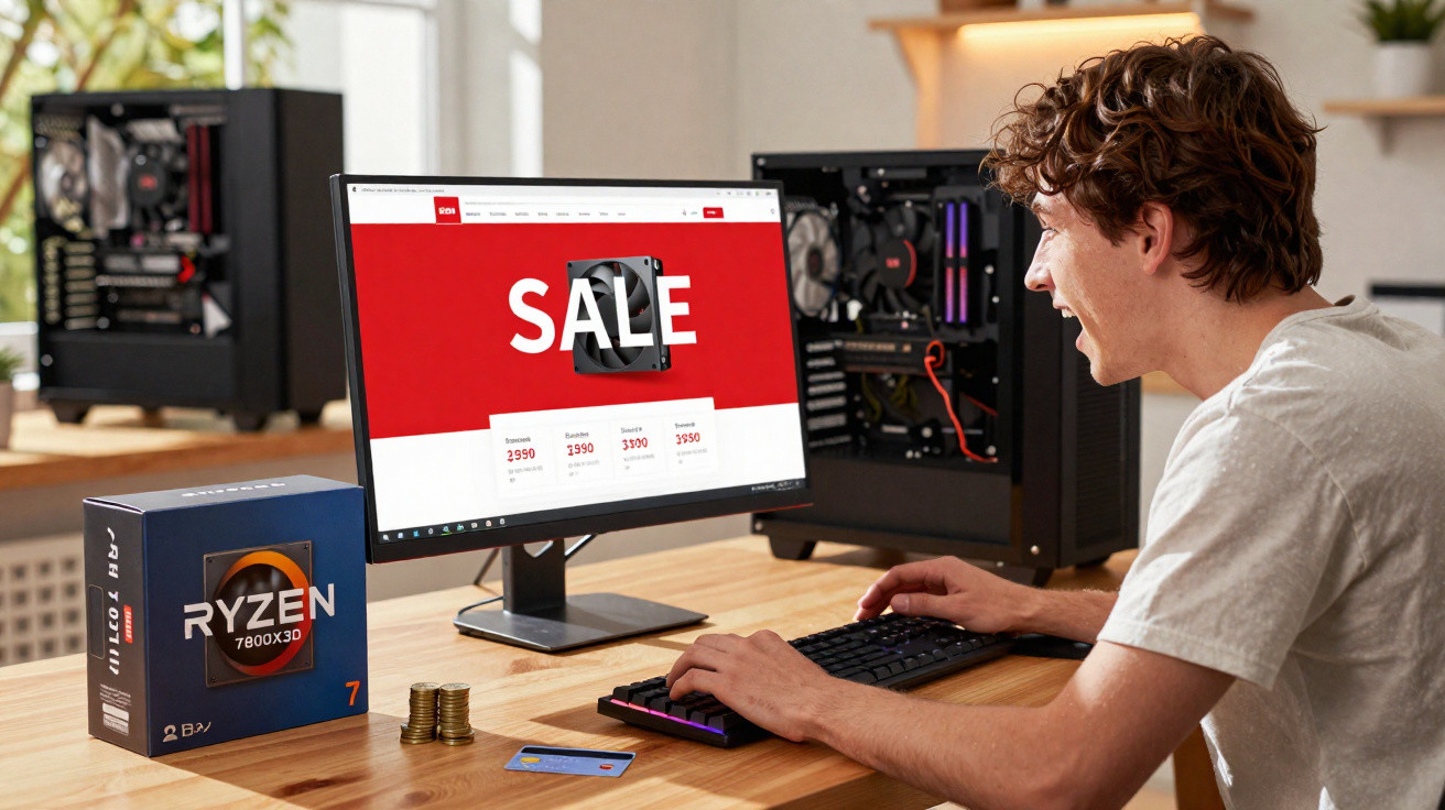 Jovem entusiasmado a fazer compras online de componentes para PC com monitor a mostrar promoção de venda.