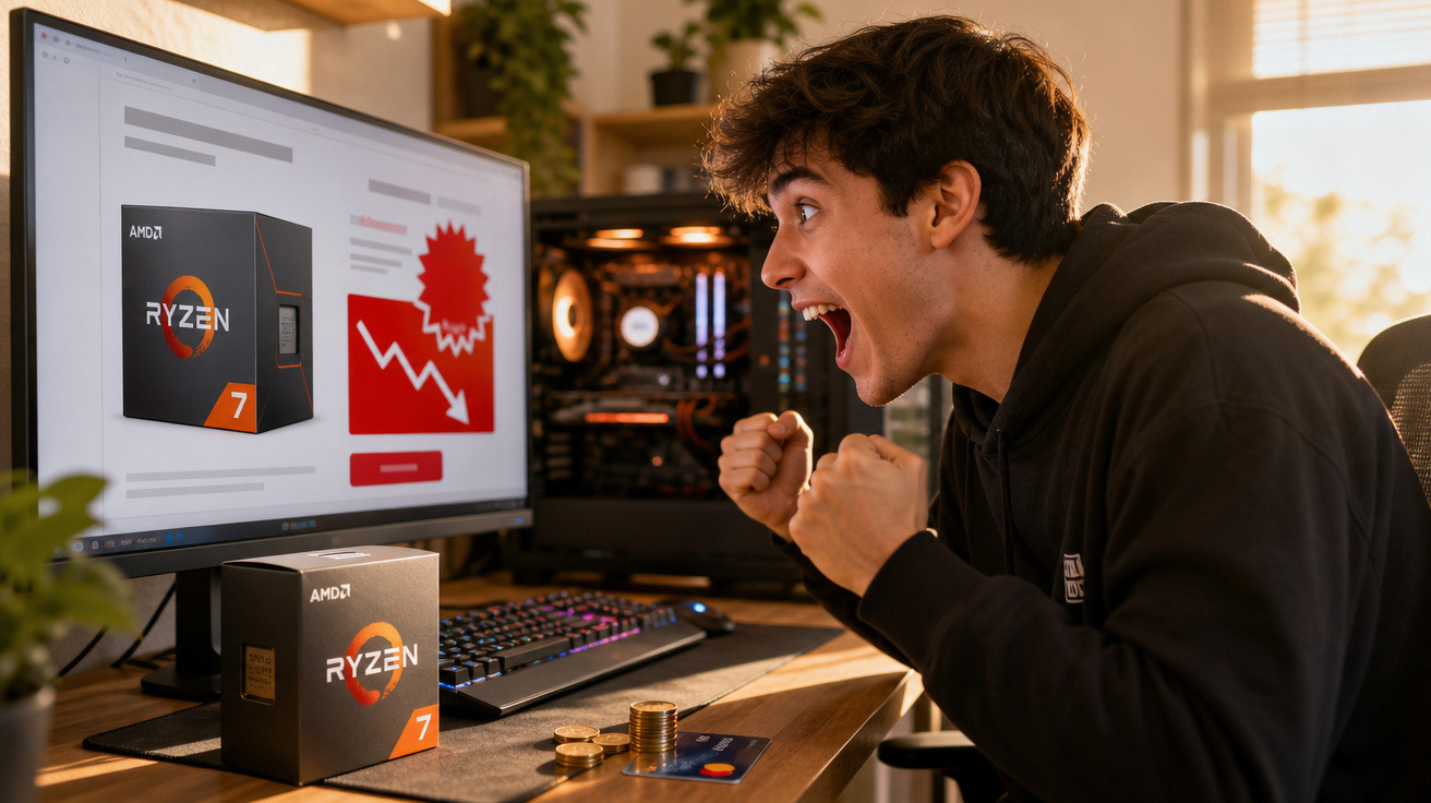 Jovem entusiasmado ao comprar processador AMD Ryzen 7 online com preços em queda num computador.