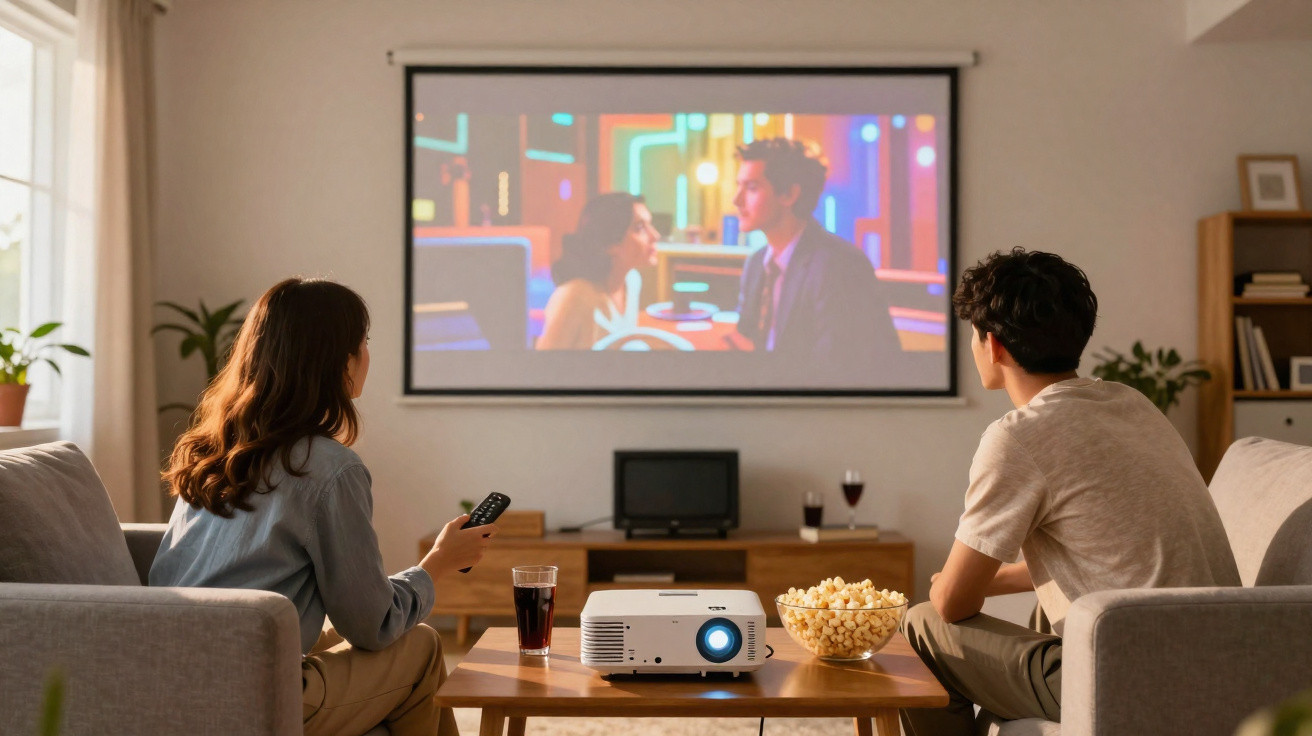 Casal sentado em sofá a ver filme projetado numa parede, com balde de pipocas e bebidas na mesa.