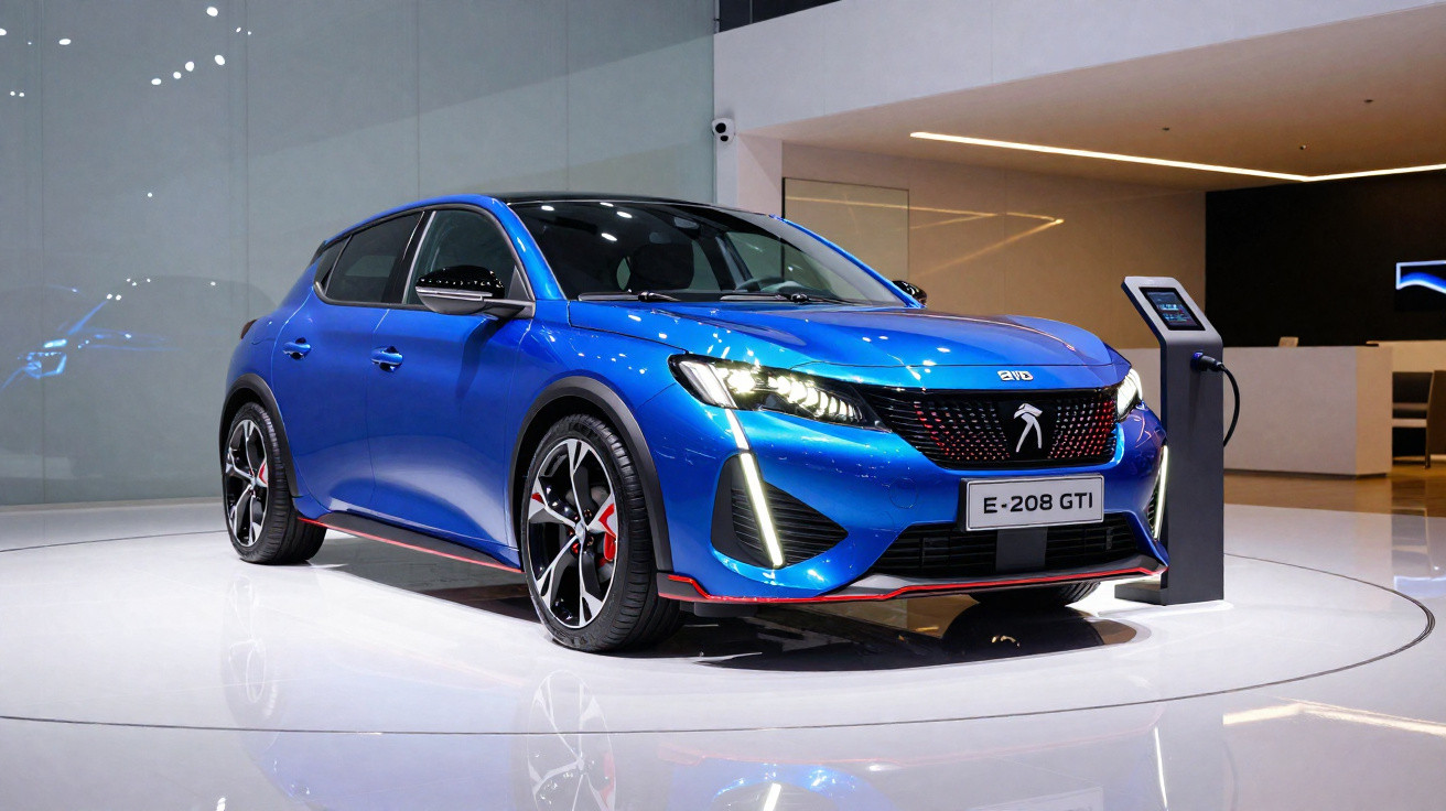 Peugeot E-208 GTI azul exposto em sala moderna com chão branco brilhante e iluminação artificial.