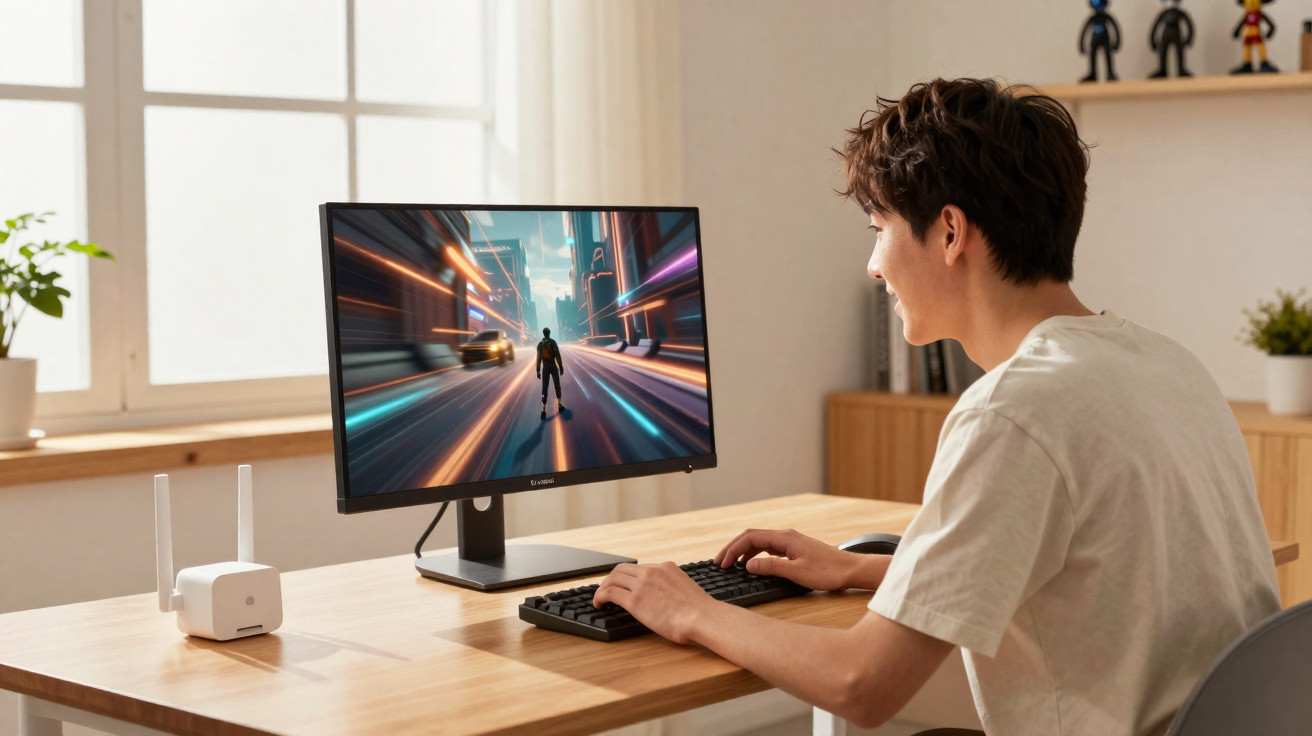 Jovem a jogar videojogo num computador de secretária numa divisão luminosa com janelas grandes.