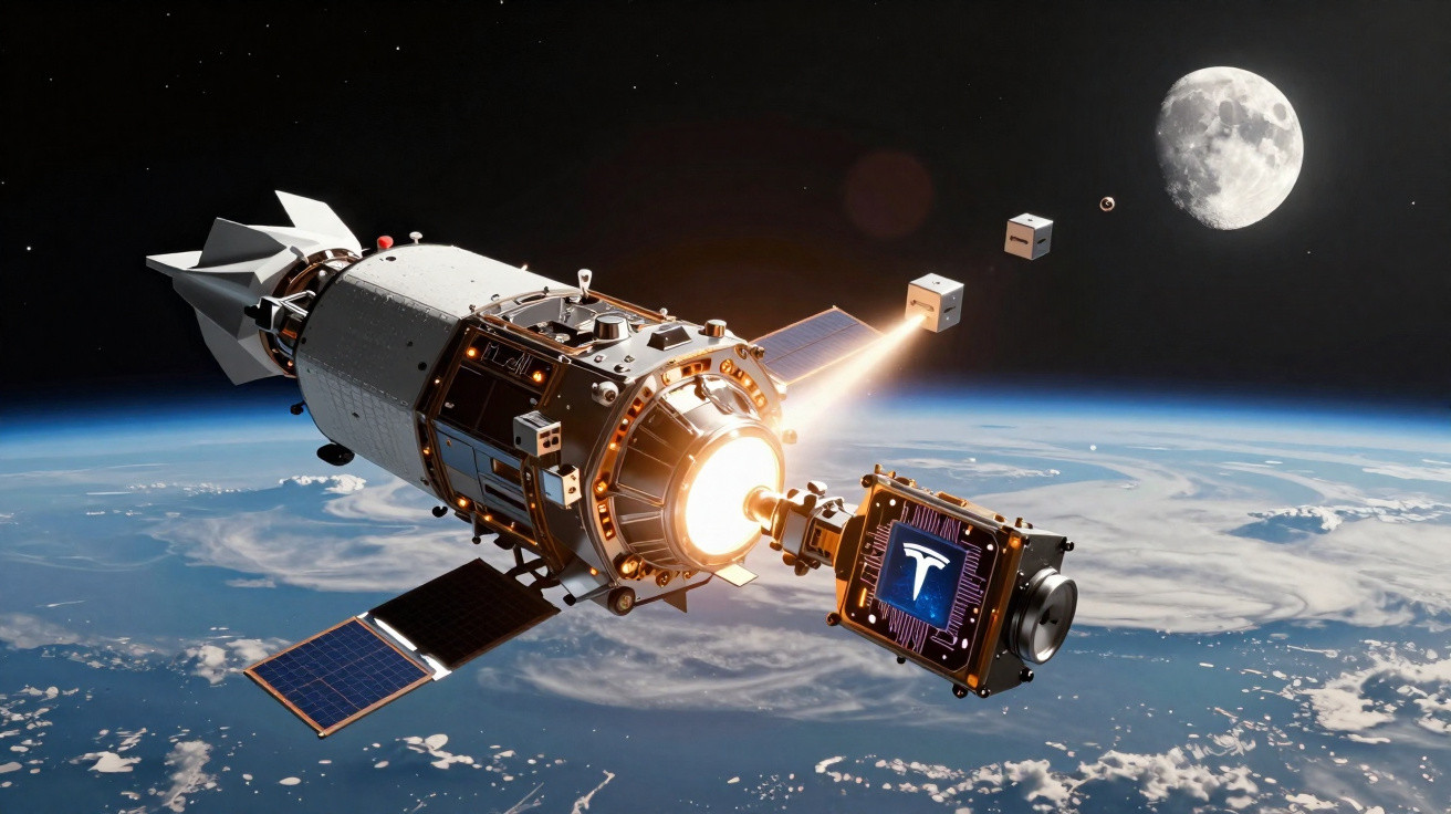 Satélite tecnológico com painel solar e dispositivo emissor, em órbita terrestre com a Lua ao fundo.