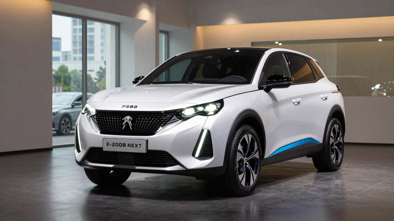 Peugeot E-2008 Next branco estacionado em ambiente interior com luzes ligadas e detalhes em azul.