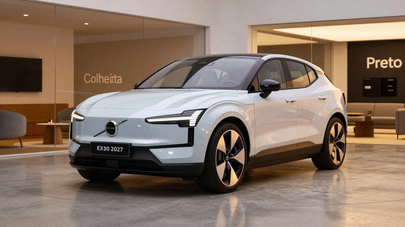 Carro elétrico Volvo EX30 2027 branco estacionado numa sala moderna com chão de cimento polido.