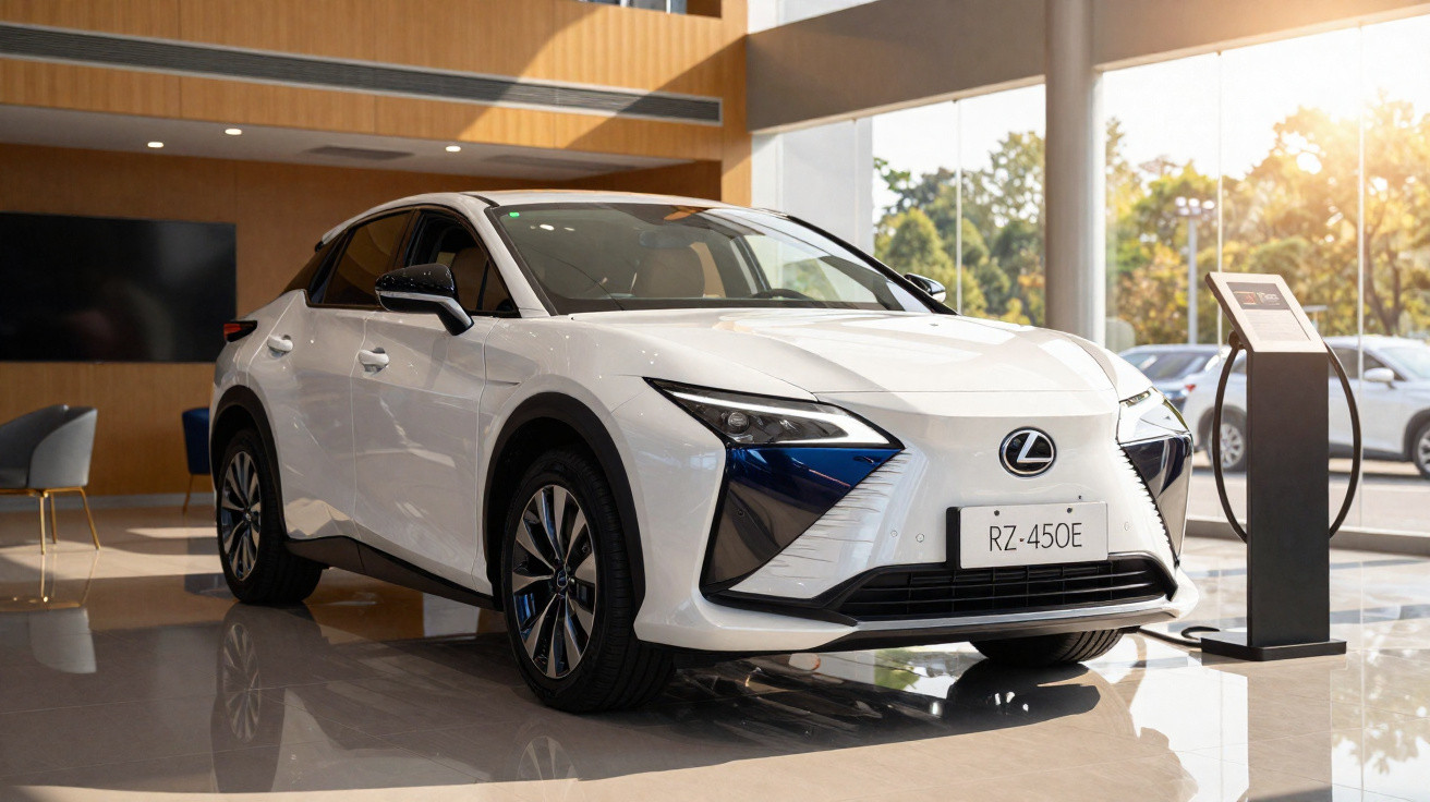Carro elétrico branco Lexus RZ-450E exposto em showroom moderno com luz natural.