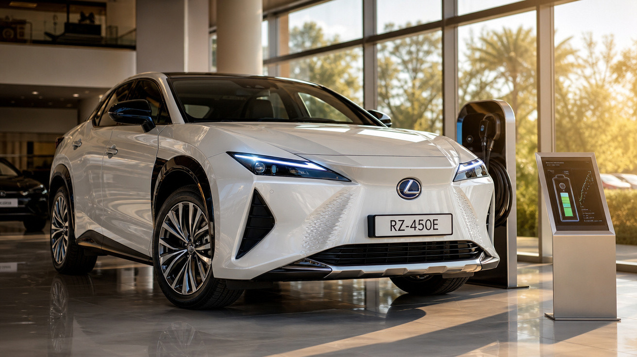 Carro elétrico Lexus branco estacionado em showroom, ligado a posto de carregamento, com ecrã informativo ao lado.