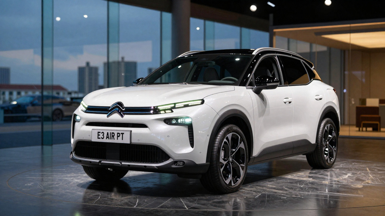 Carro elétrico Citroën E3 Air PT branco estacionado em espaço moderno com chão de mármore.