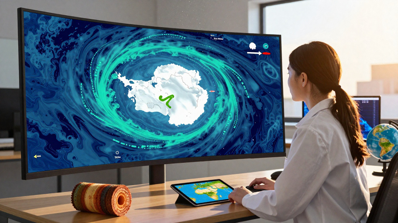 Pessoa a analisar dados científicos da Antártida num ecrã curvo e tablet numa mesa de escritório moderno.