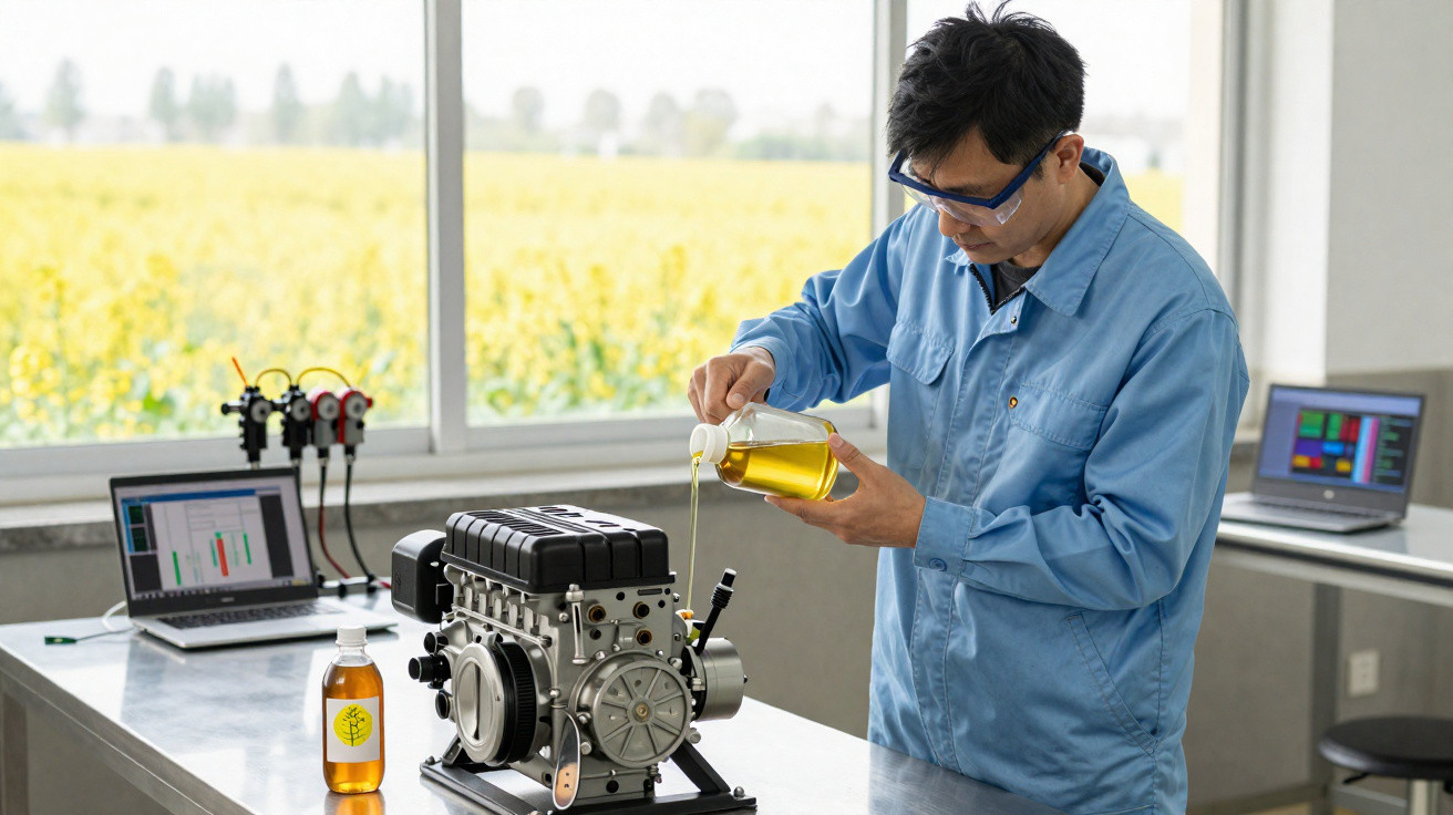 Homem em laboratório a verter óleo amarelo num motor para testes, com computadores ao fundo e campo visível pela janela.