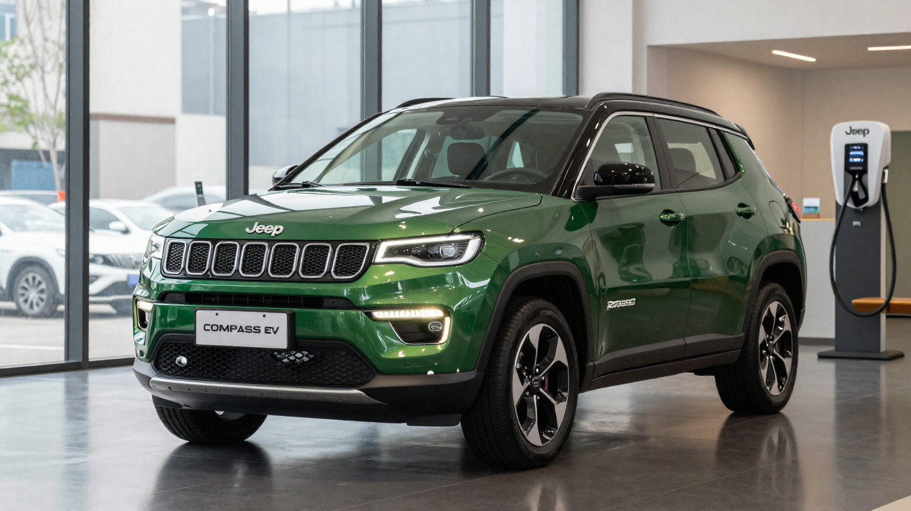Carro Jeep Compass EV verde elétrico estacionado junto a posto de carregamento numa garagem moderna.