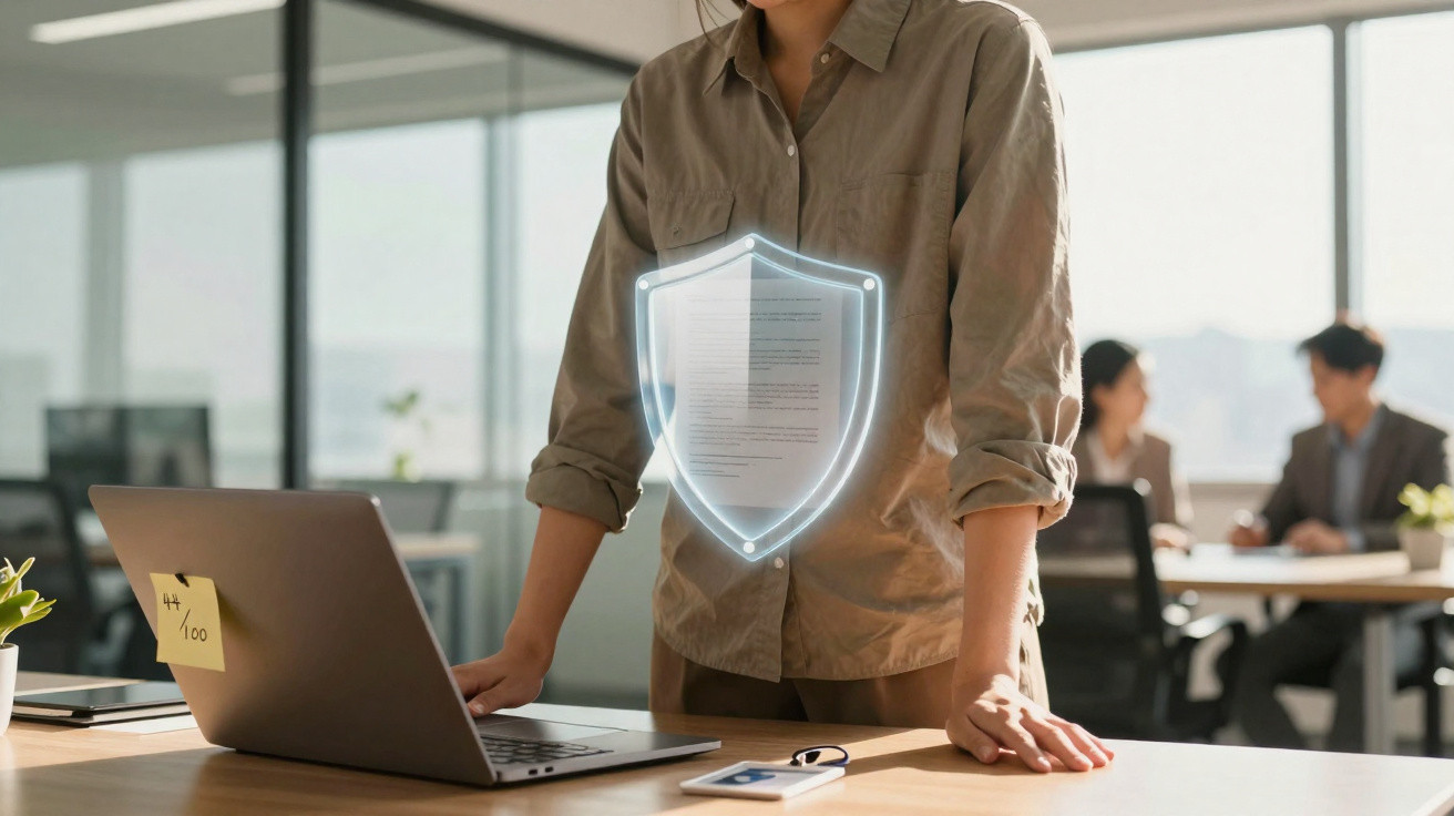 Pessoa usando portátil com escudo digital holográfico simbolizando segurança de dados no escritório moderno.