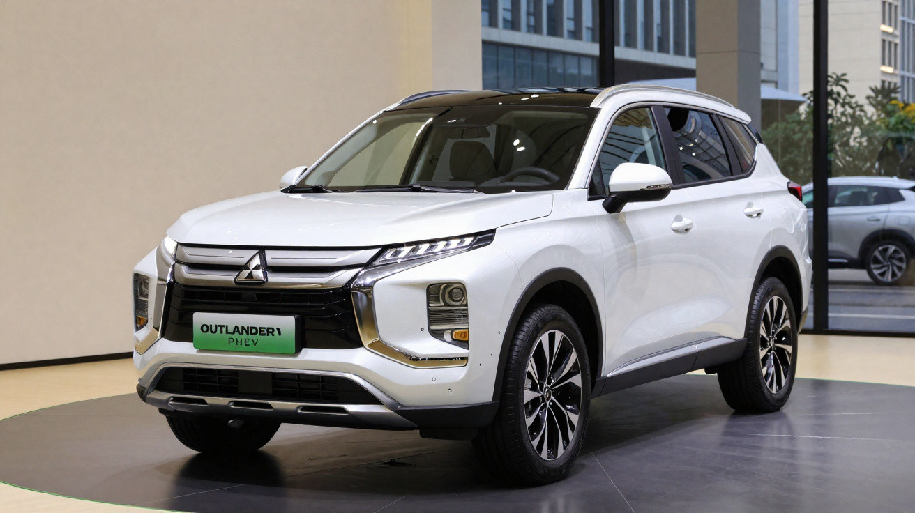 SUV Mitsubishi Outlander PHEV branco, estacionado em salão moderno com janelas e edifícios ao fundo.