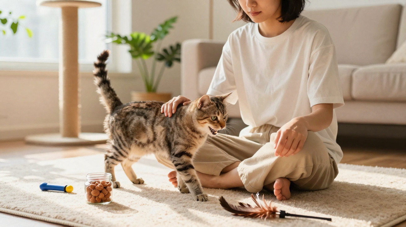 Pessoa sentada no chão a brincar e a fazer festas a um gato num ambiente doméstico acolhedor.