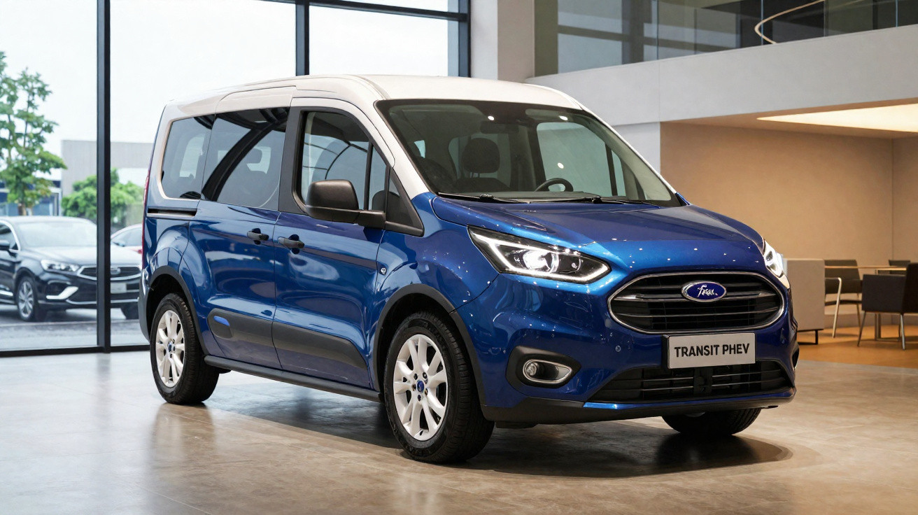 Carrinha Ford Transit PHEV azul com tejadilho branco em exposição num salão moderno.