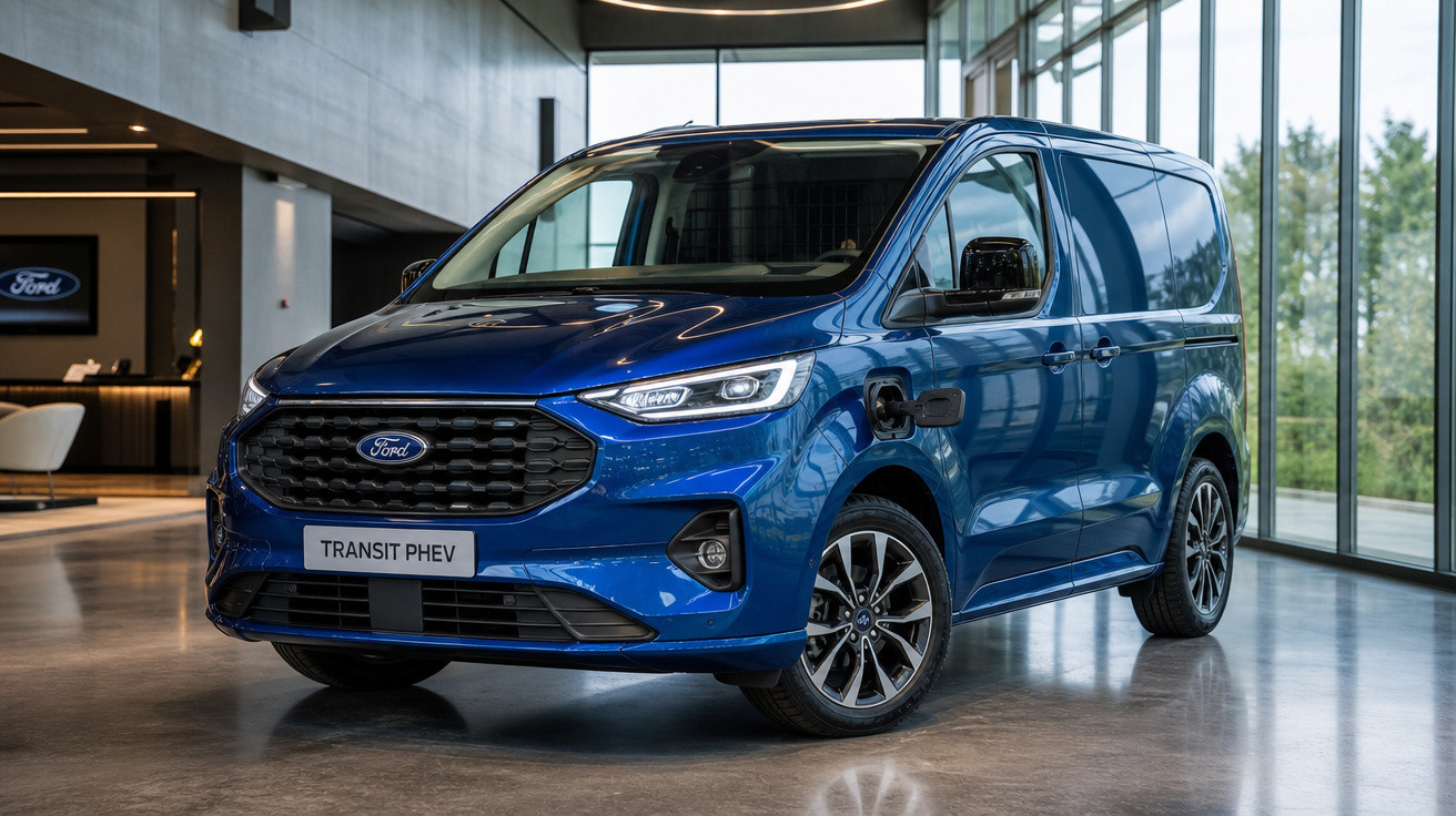 Carrinha Ford Transit PHEV azul estacionada em showroom moderno com janelas amplas e chão em cimento polido.