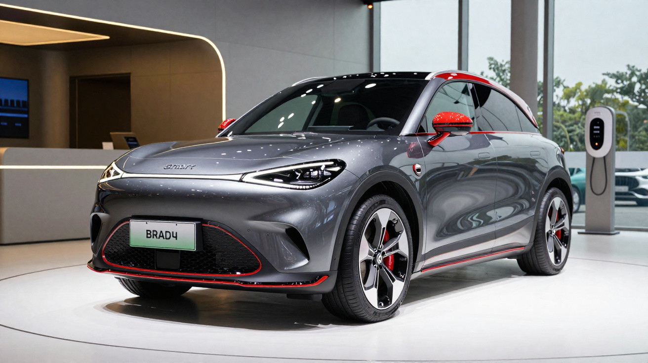 Carro elétrico cinza com detalhes em vermelho exposto numa sala moderna com ponto de carregamento ao fundo.