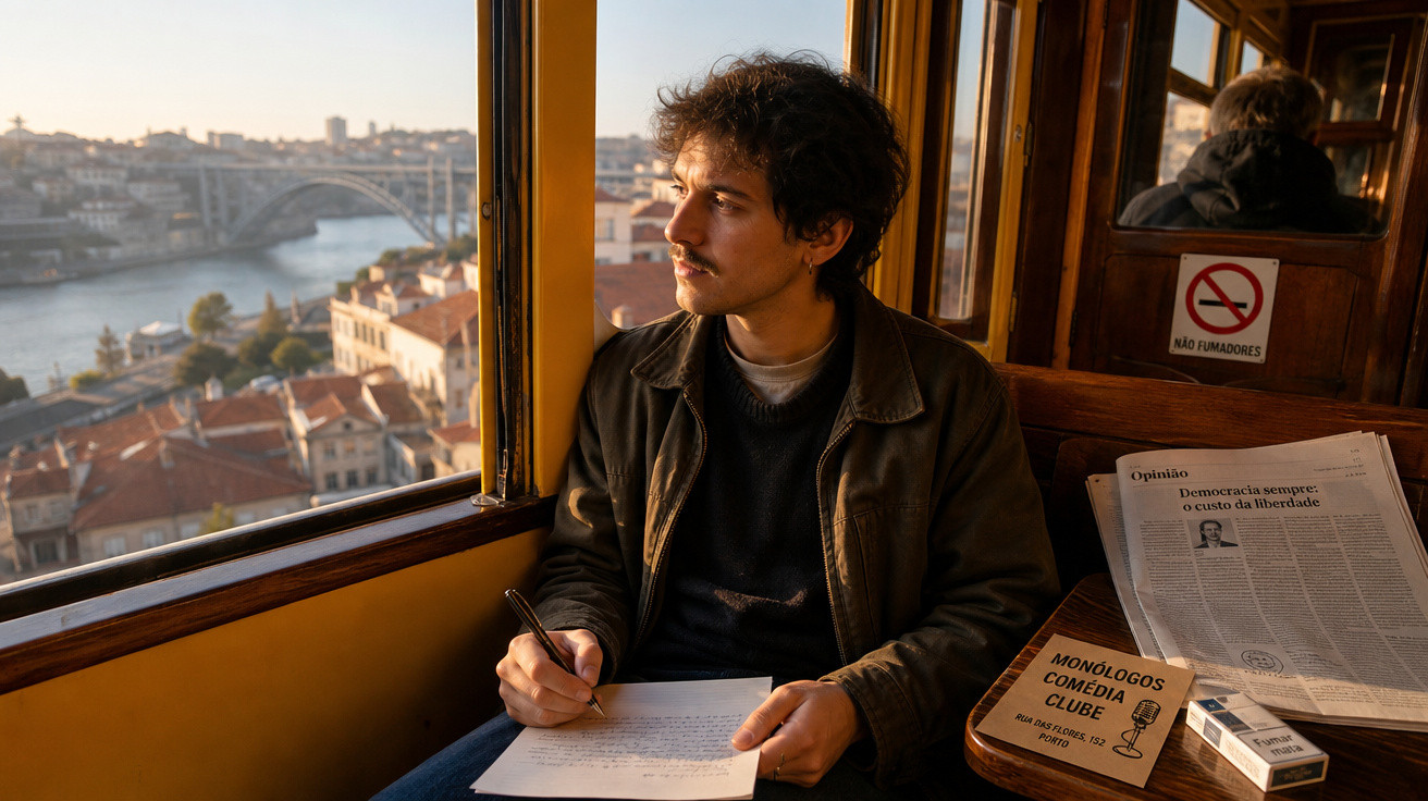 Homem escreve num caderno num elétrico com vista para a cidade e rio ao entardecer.