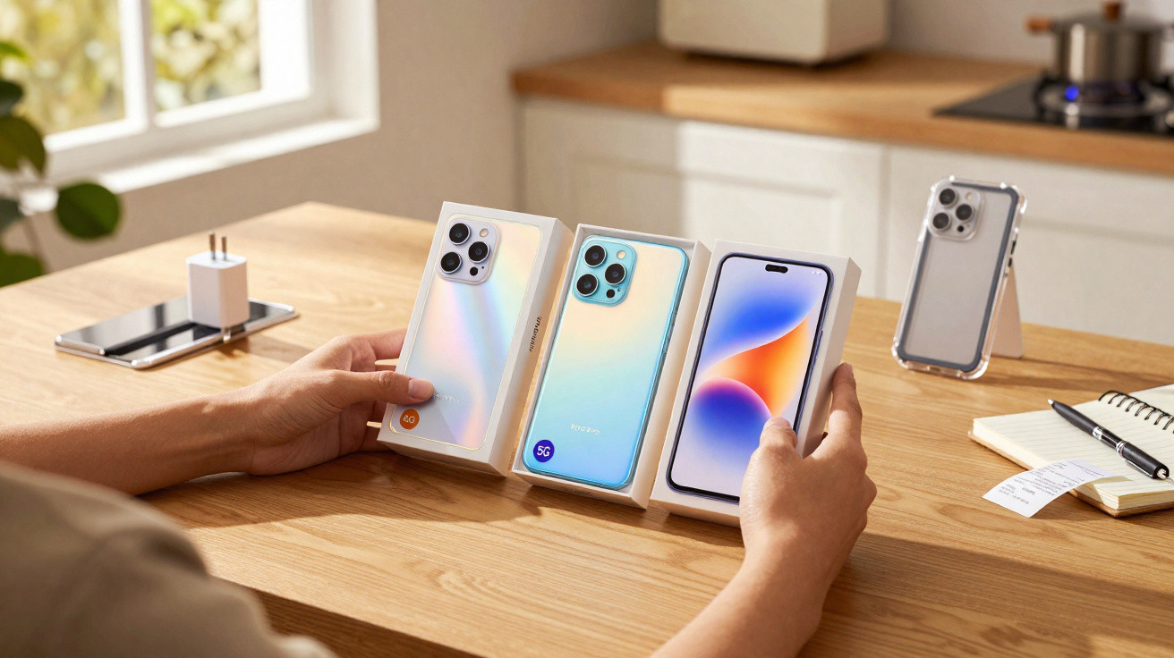 Pessoa a segurar três caixas de smartphones novos com cores iridescentes numa mesa de madeira.