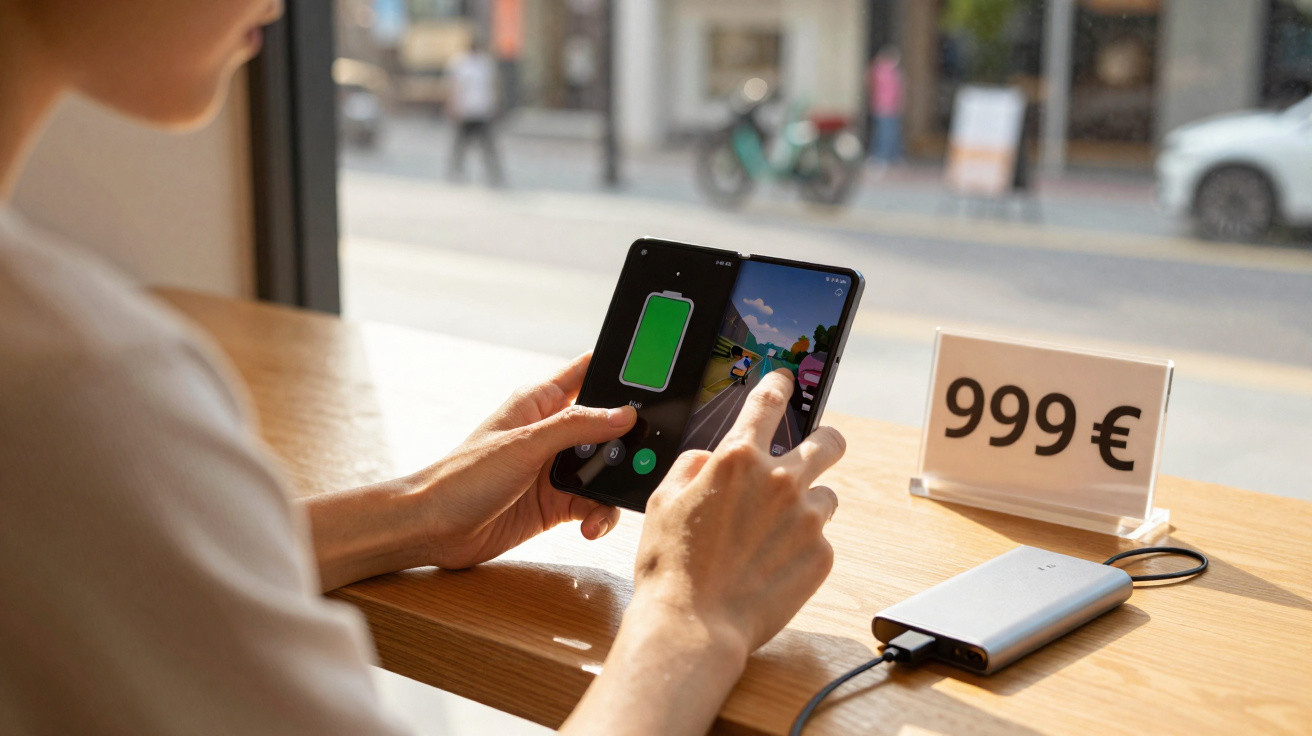 Pessoa a usar telemóvel dobrável enquanto está conectado a uma bateria externa num café, com placa a mostrar preço de 999 eur
