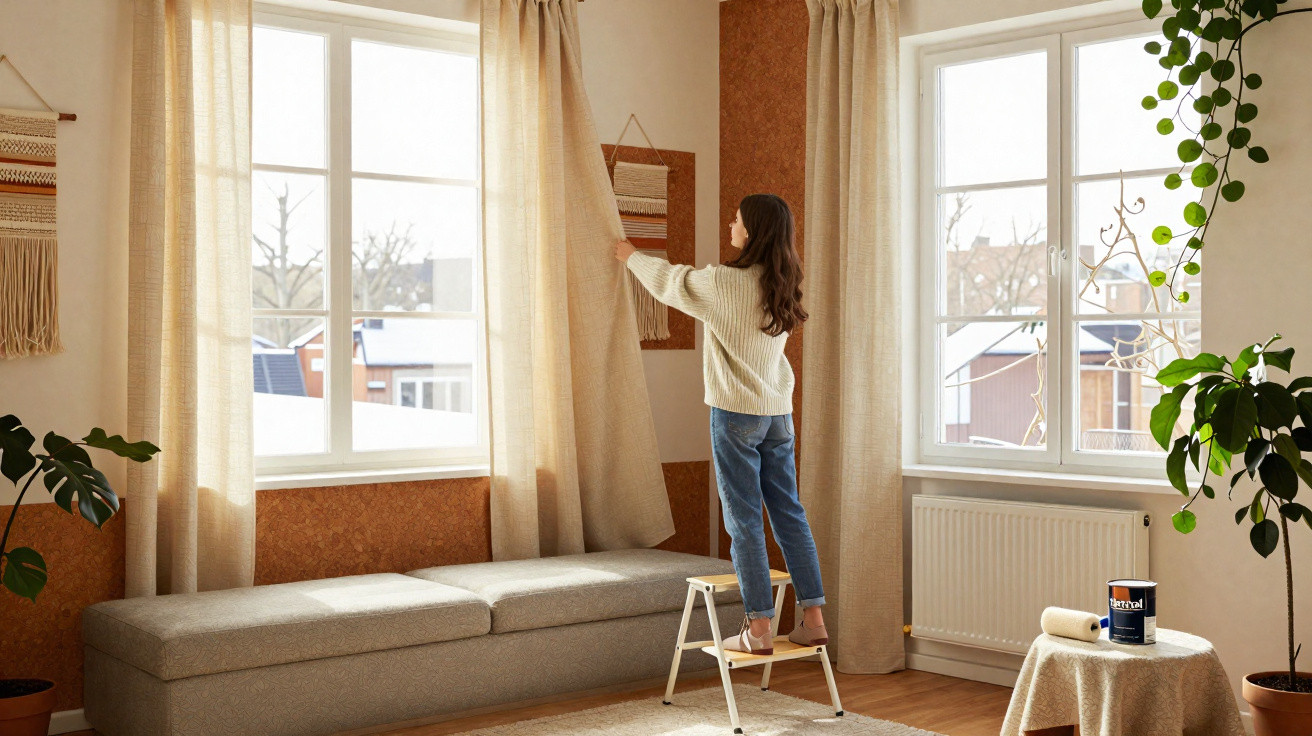 Mulher ajusta cortinas num quarto luminoso com sofá cinzento e plantas verdes.