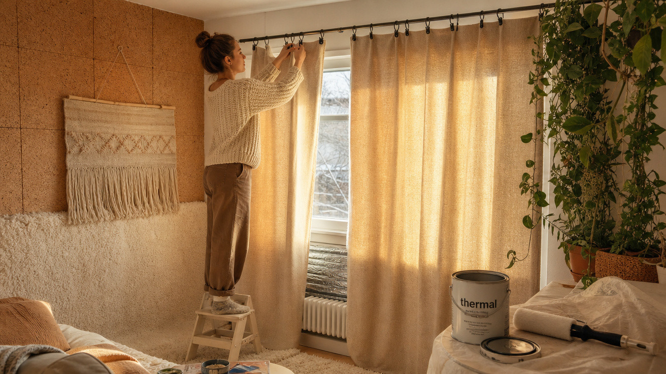 Mulher a pendurar cortinas bege numa sala decorada com plantas e tapeçaria, luz natural entra pela janela.