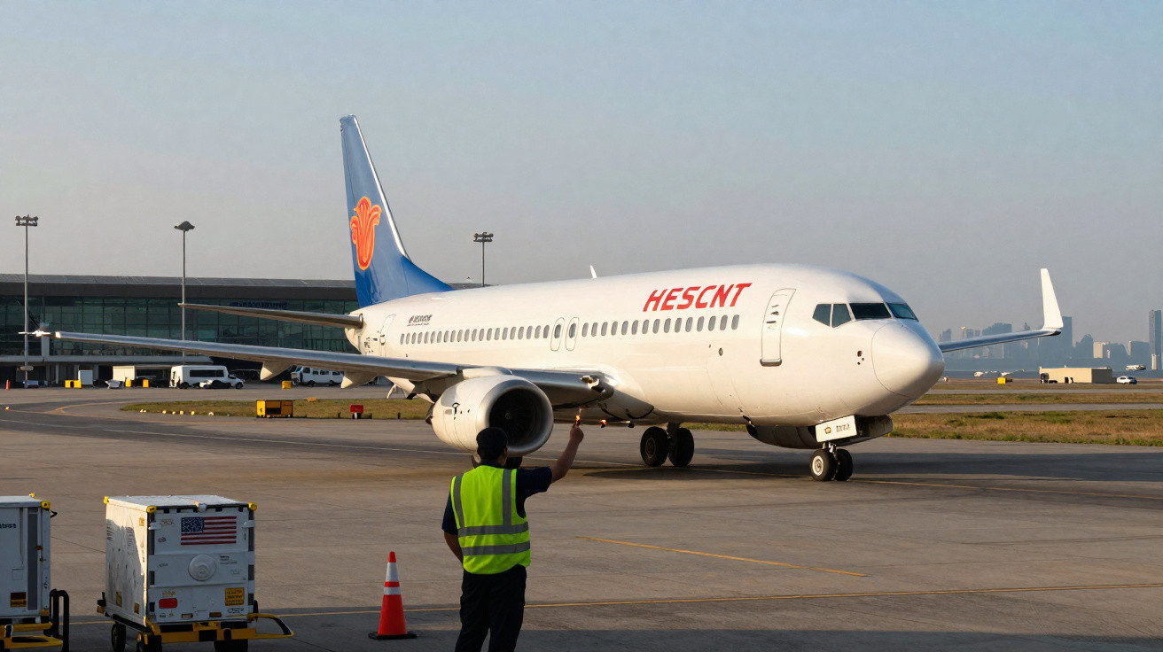 Avião da HESCNT a taxiar no aeroporto com trabalhador a dar sinal com colete refletor.